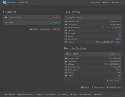 syncthing UI showing successful synchronisation of a Test directory